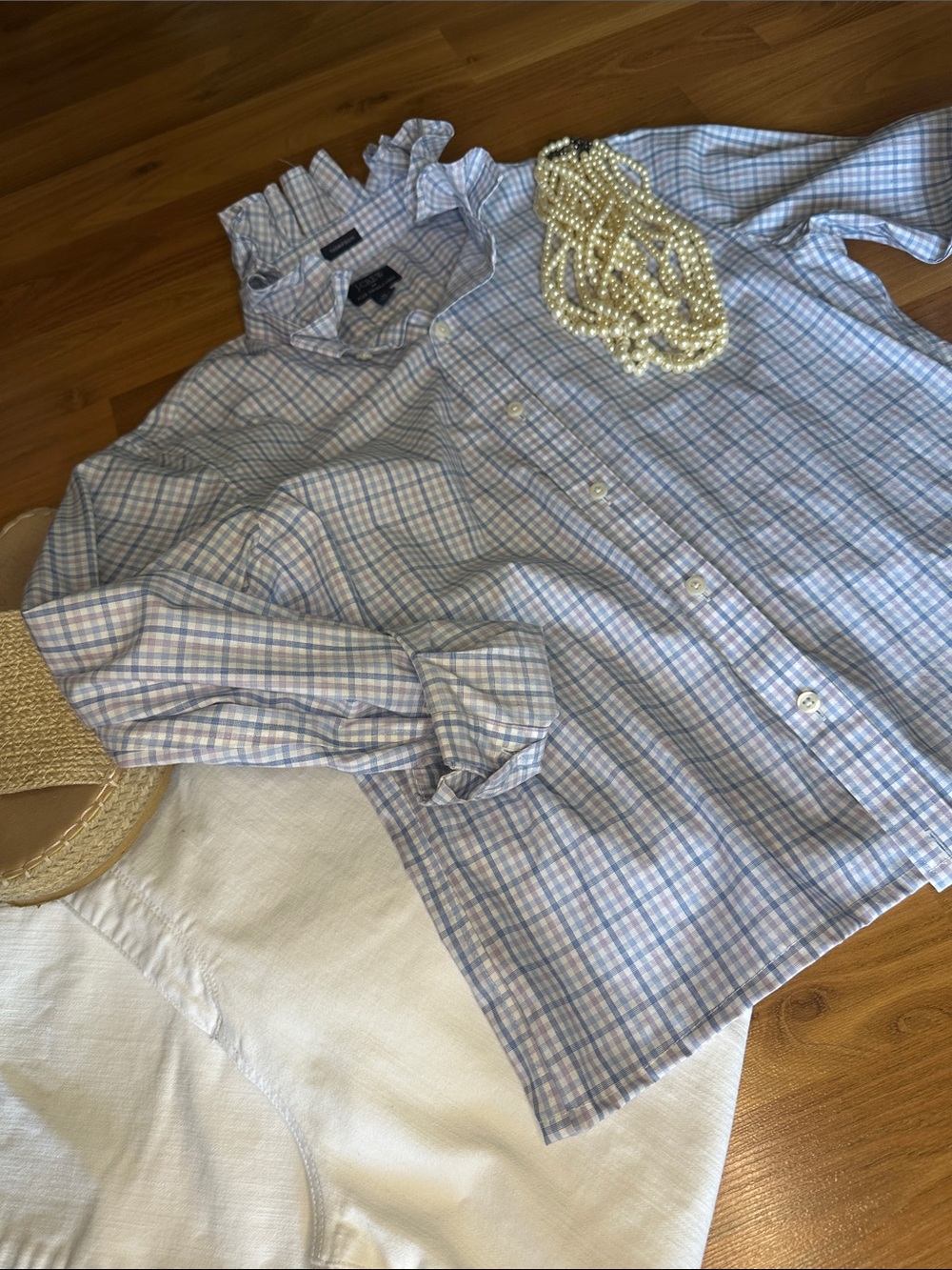J. Crew Light Blue and White Plaid Button-Down Shirt Ruffled collar